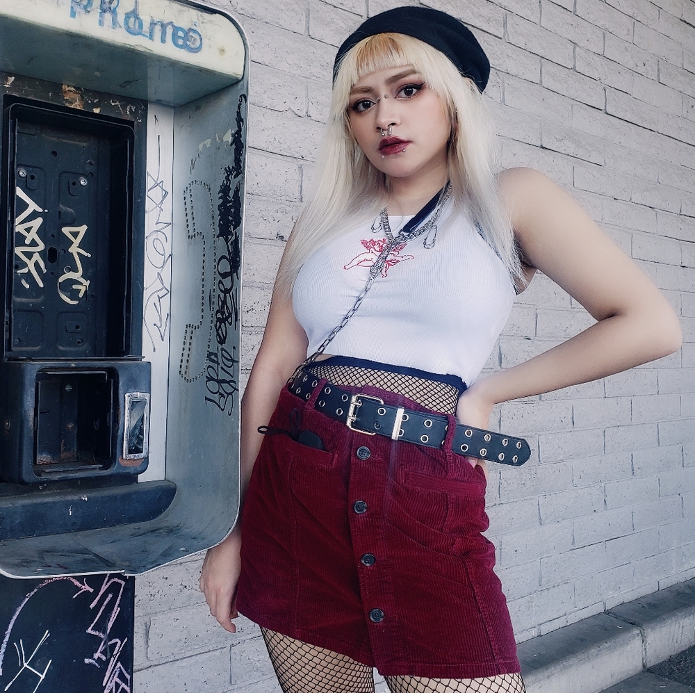Red corduroy skirt and angel tank top set